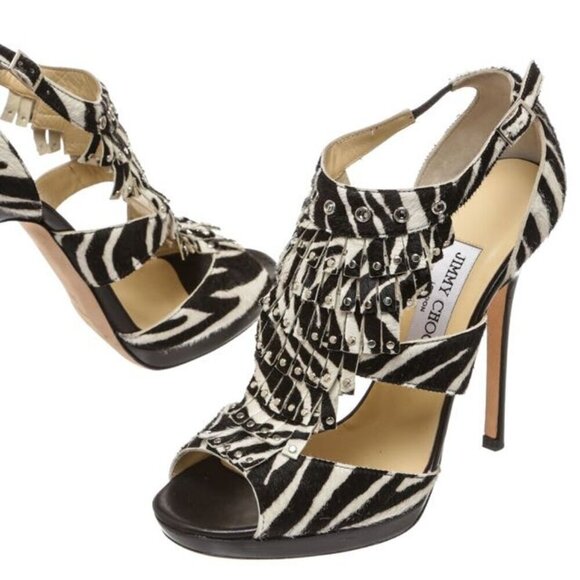 Jimmy Choo Black & White Zebra Print Mia Studs & Tassel Heels Sandals sz 37 US 7 - Picture 6 of 7